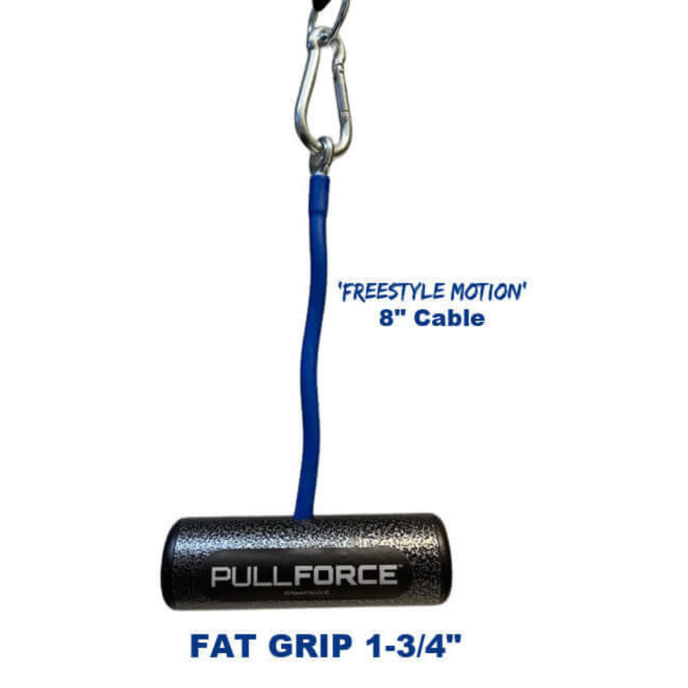 The PULL FORCE 'Single' Gym Cable Attachment Handle features a black cylindrical grip for superior workout grip and a blue cable.