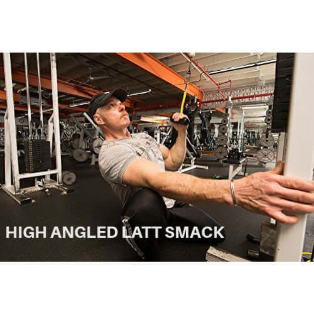 A man uses the PULL FORCE 'Single' Gym Cable Attachment Handle for a superior grip workout, pulling weights with both hands in the gym. Text reads "HIGH ANGLED LATT SMACK.