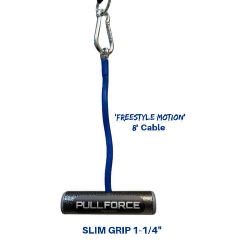 The PULL FORCE 'Single' Gym Cable Attachment Handle includes an 8-inch blue cable and clip, designed for a superior grip ideal for gym use.