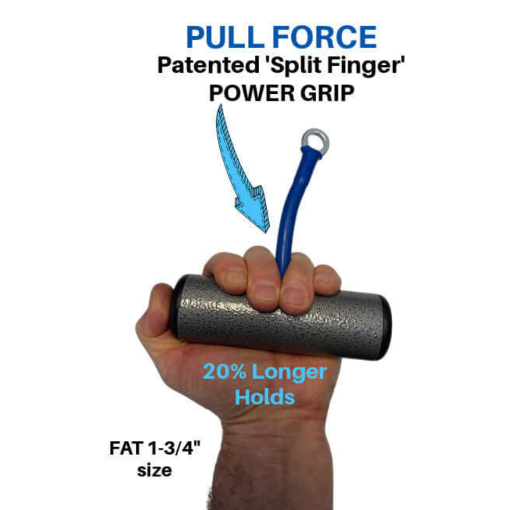Envision a hand gripping PULL FORCE 'Single' Gym Cable Attachment Handle, featuring "Split Finger" innovation and "20% Longer Holds" text, for a superior grip ideal for gym cable attachments.