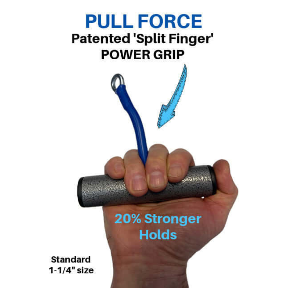 The PULL FORCE 'Single' Gym Cable Attachment Handle enhances your workout with a cylindrical grip designed for superior hold, labeled "20% Stronger Holds," ideal for commercial-grade gym use.