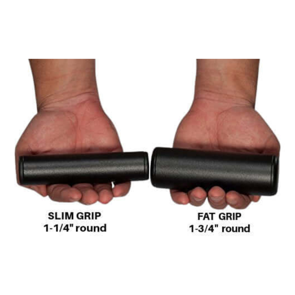 Two hands hold black, commercial-grade PULL FORCE 'Single' Gym Cable Attachment Handles labeled "SLIM GRIP" and "FAT GRIP," each designed for superior grip during workouts.
