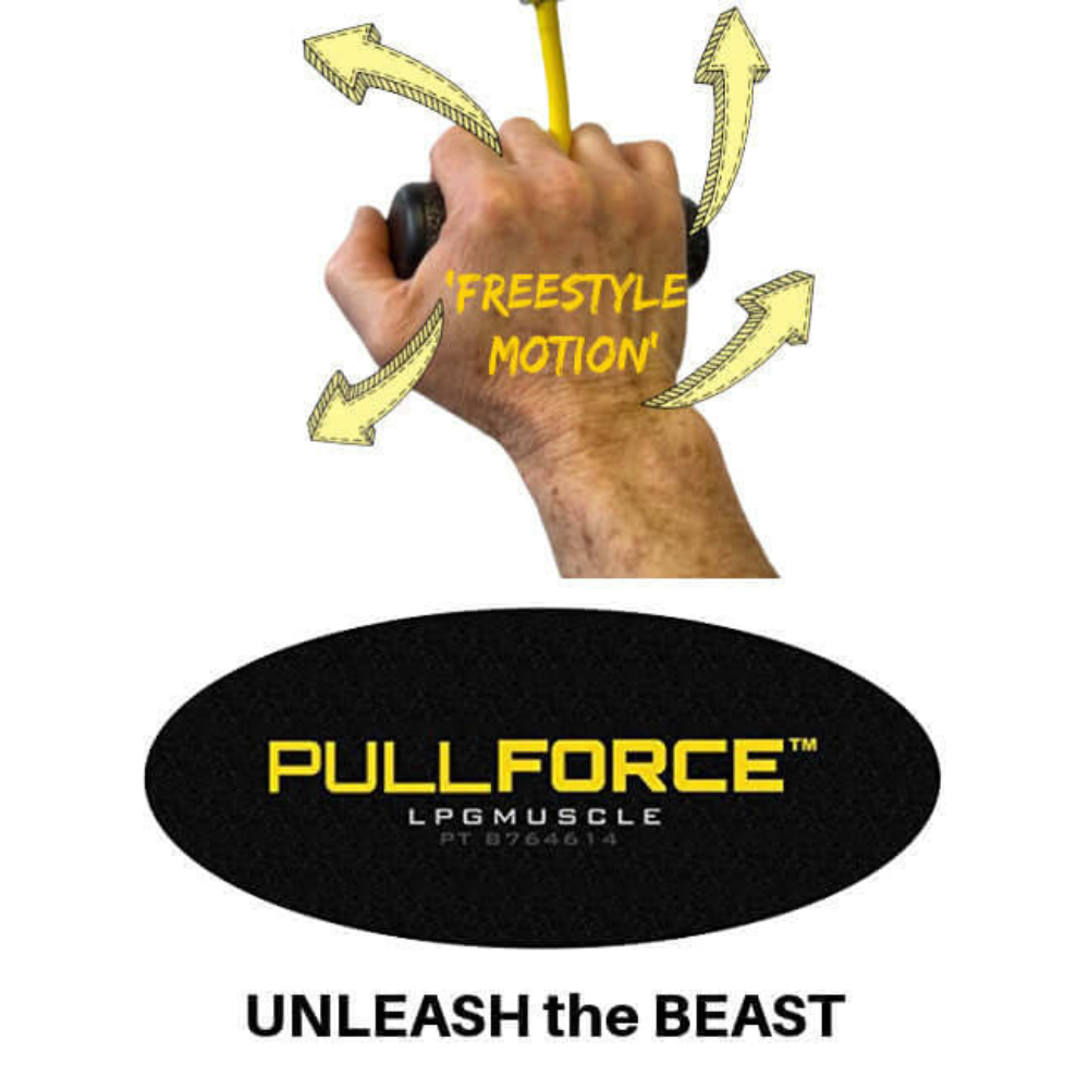 Hand gripping a commercial-grade tool with arrows showing "freestyle motion," the text reads "PULLFORCE" and "UNLEASH the BEAST." Designed for superior grip, this PULL FORCE 'Single' Gym Cable Attachment Handle elevates your workout game.