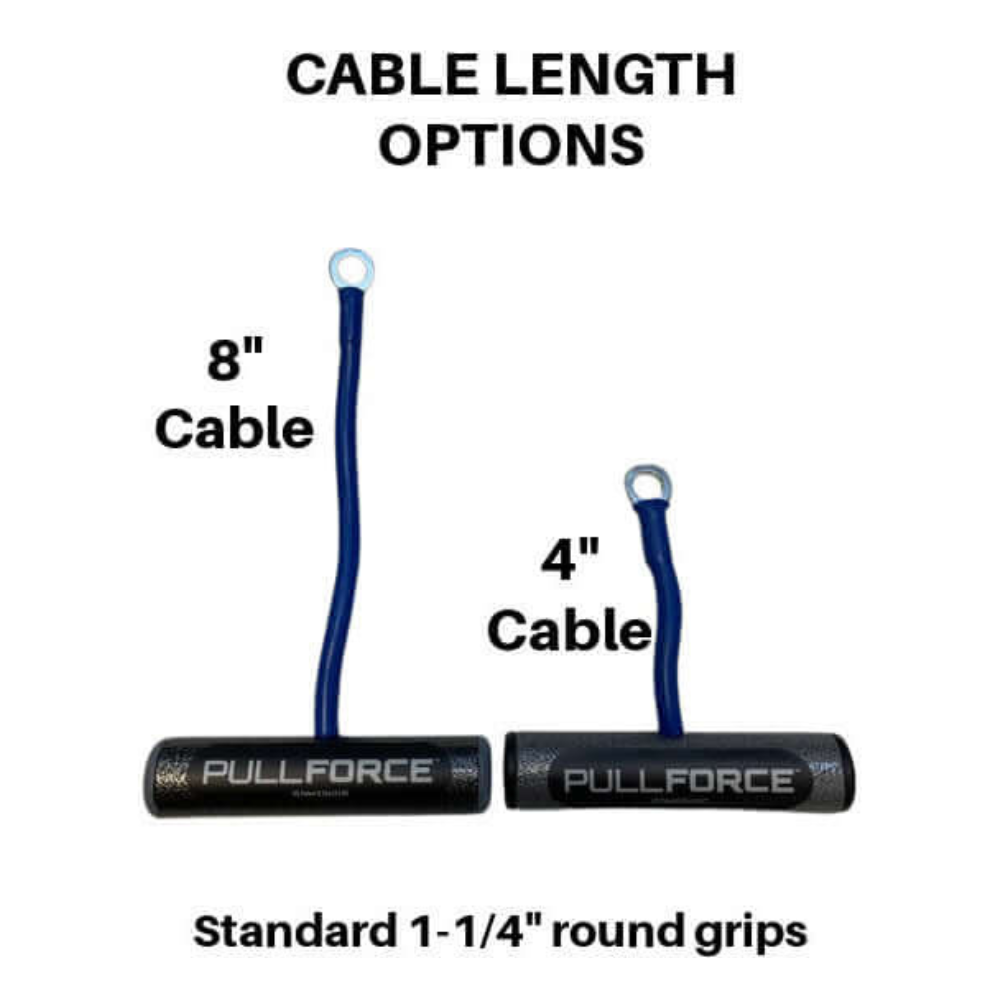 Two cable grip options: 8-inch and 4-inch, with round grips labeled "PULL FORCE Single." Designed for superior grip in any gym setting, these commercial-grade tools enhance performance and durability.