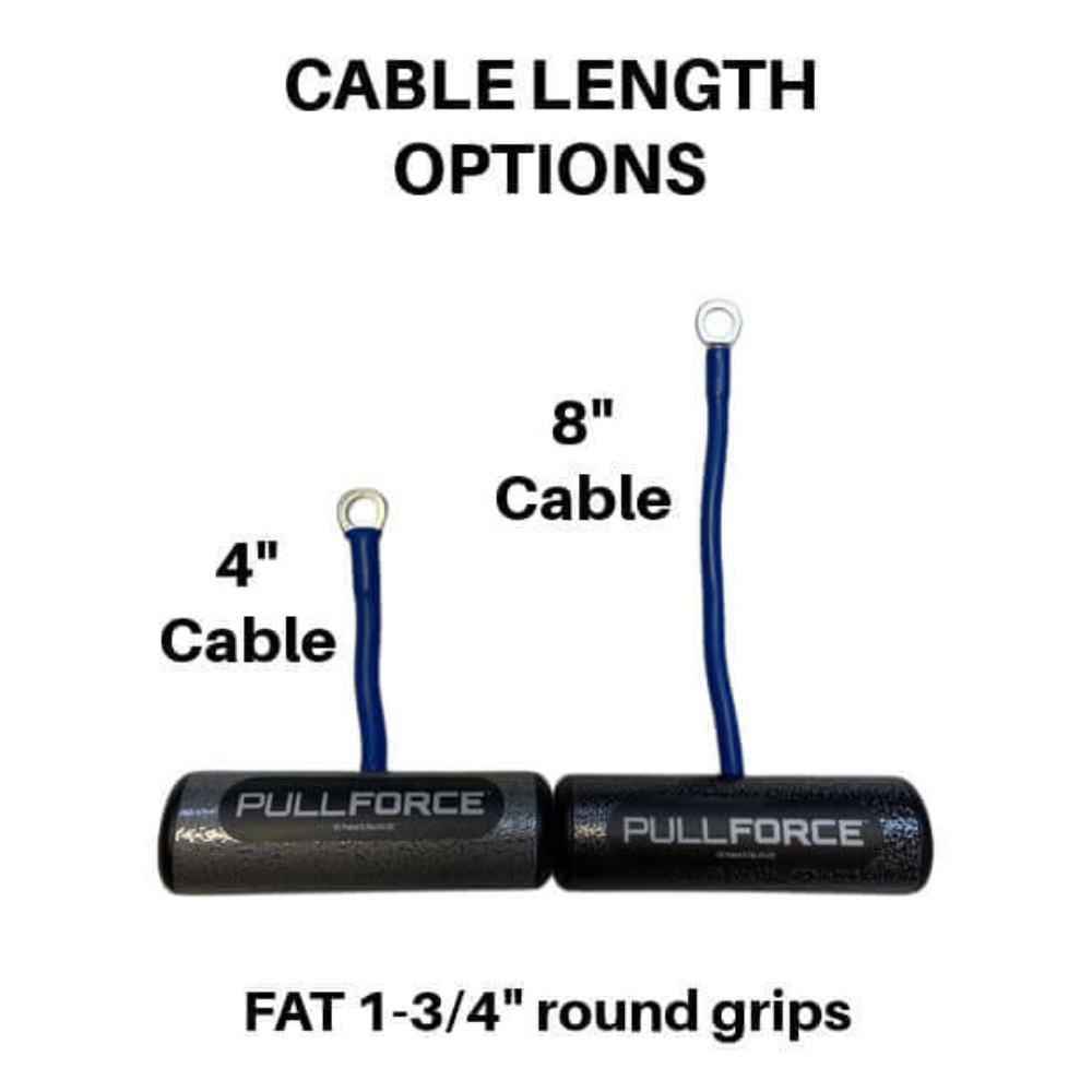 The PULL FORCE 'Single' Gym Cable Attachment Handle, in black with blue cables, is available in 4" and 8" options on a white background. This gym cable attachment delivers superior grip for those seeking commercial-grade quality in workout equipment.