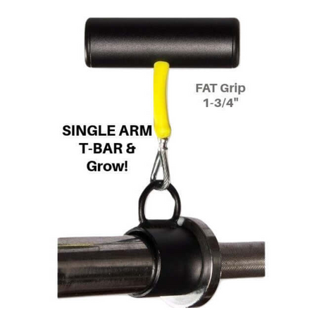 The PULL FORCE 'Single' Landmine Attachment, with a yellow handle for an Olympic bar, features a "FAT Grip 1-3/4" designed for single-arm T-bar rows.