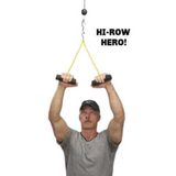 A person exercises with the PULL FORCE GEN 2 Double Grip Exercise Cable Attachments, arms raised. Text reads "HI-ROW HERO!.