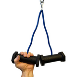 A hand holds the PULL FORCE GEN 2 Double Grip Exercise Cable Attachment, showcasing a blue cable with black handles and a split finger power grip for enhanced control.