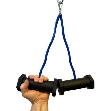 A hand holds the PULL FORCE GEN 2 Double Grip Exercise Cable Attachment, showcasing a blue cable with black handles and a split finger power grip for enhanced control.
