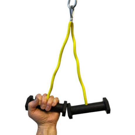 A hand confidently grips the PULL FORCE GEN 2 Double Grip Exercise Cable Attachment, featuring a black handle with a yellow bungee cord and carabiner for superior versatility.