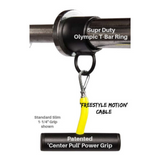 Close-up of a black PULL FORCE 'Single' Landmine Attachment for Barbell Handle featuring a yellow center pull power grip, perfect for T-Bar rows and freestyle motion cable exercises.
