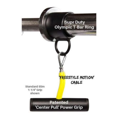 Close-up of a black PULL FORCE 'Single' Landmine Attachment for Barbell Handle featuring a yellow center pull power grip, perfect for T-Bar rows and freestyle motion cable exercises.