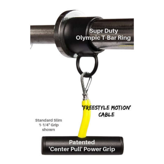 Close-up of a black PULL FORCE 'Single' Landmine Attachment for Barbell Handle featuring a yellow center pull power grip, perfect for T-Bar rows and freestyle motion cable exercises.