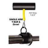 The PULL FORCE 'Single' Landmine Attachment for Barbell Handle features a black T-shaped motion handle with a yellow stem and metal clip, ideal for T-Bar Row exercises. Text reads "FAT Grip 1-3/4".