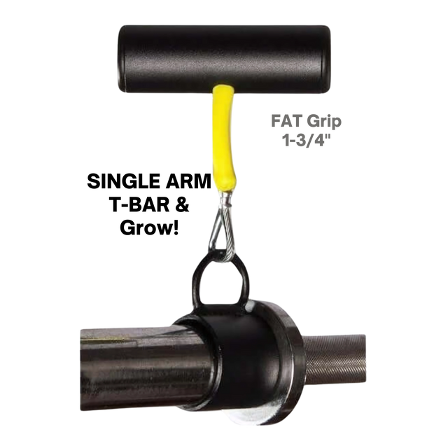 The PULL FORCE 'Single' Landmine Attachment for Barbell Handle features a black T-shaped motion handle with a yellow stem and metal clip, ideal for T-Bar Row exercises. Text reads "FAT Grip 1-3/4".