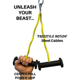 Holding a workout handle with yellow cables, the text reads: "Unleash Your Beast... Superior Grip with Freestyle Motion and PULL FORCE GEN 2's Double Grip Exercise Cable Attachments.