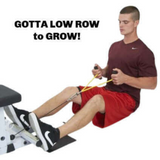 A man uses the PULL FORCE GEN 2 Double Grip Exercise Cable Attachments on a bench, executing a low row. Text reads: "GOTTA LOW ROW to GROW!.