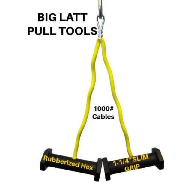 The PULL FORCE GEN 2 Double Grip Exercise Cable Attachments feature a yellow cable with handles labeled "Rubberized Hex" and "1-1/4” SLIM GRIP," marked "1000# Cables" for lat pull exercises, and include Split Finger Power Grip for superior workout control.