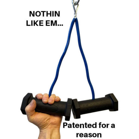A hand holds a unique exercise grip with blue cords, captioned "Nothin like em... Patented for a reason." Experience the exceptional PULL FORCE GEN 2 Double Grip Exercise Cable Attachments that set you apart.