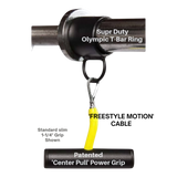 The PULL FORCE 'Single' Landmine Attachment for Barbell Handle features a black T-bar row ring and a yellow-handled center pull grip. Text labels indicate parts.