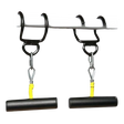 Two black and yellow Freestyle Pullup Handles hang from hooks on the PULL UP BAR WORKOUT 'Extreme pack' by LPGmuscle.