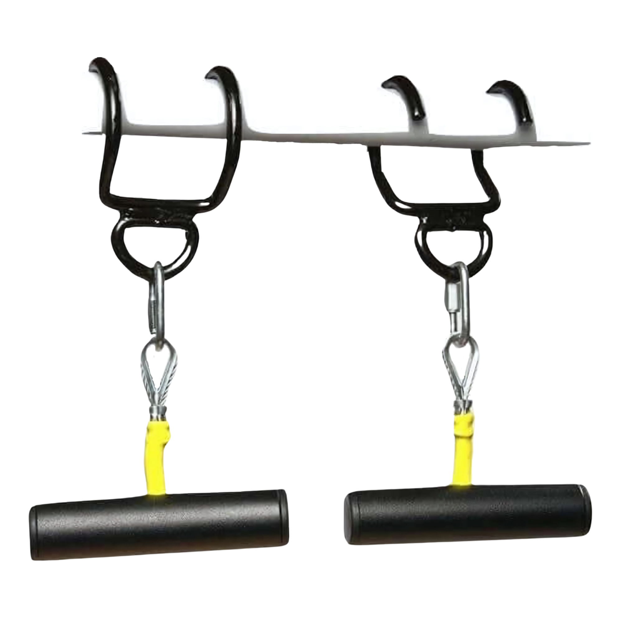 Two black and yellow Freestyle Pullup Handles hang from hooks on the PULL UP BAR WORKOUT 'Extreme pack' by LPGmuscle.
