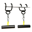 Attach black and yellow ab straps to hooks for a solid workout foundation. Enhance it with the LPGmuscle PULL UP BAR WORKOUT 'Extreme Pack,' which includes extra gripping options like Pull Up Handles for a more versatile training session.