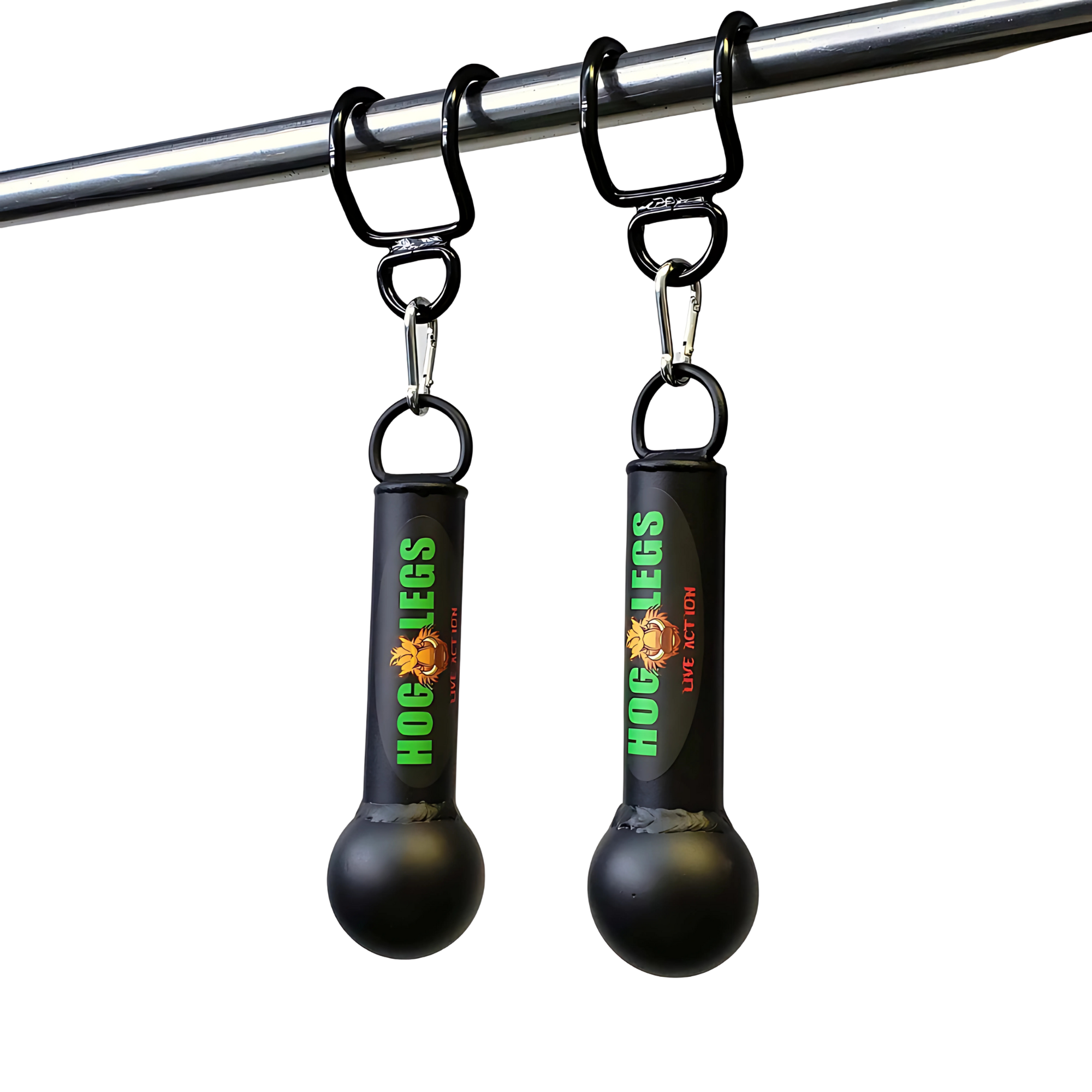 Two black cylindrical Hog Legs Freestyle Pullup Handles hang from hooks on the PULL UP BAR WORKOUT 'Extreme pack' by LPGmuscle.