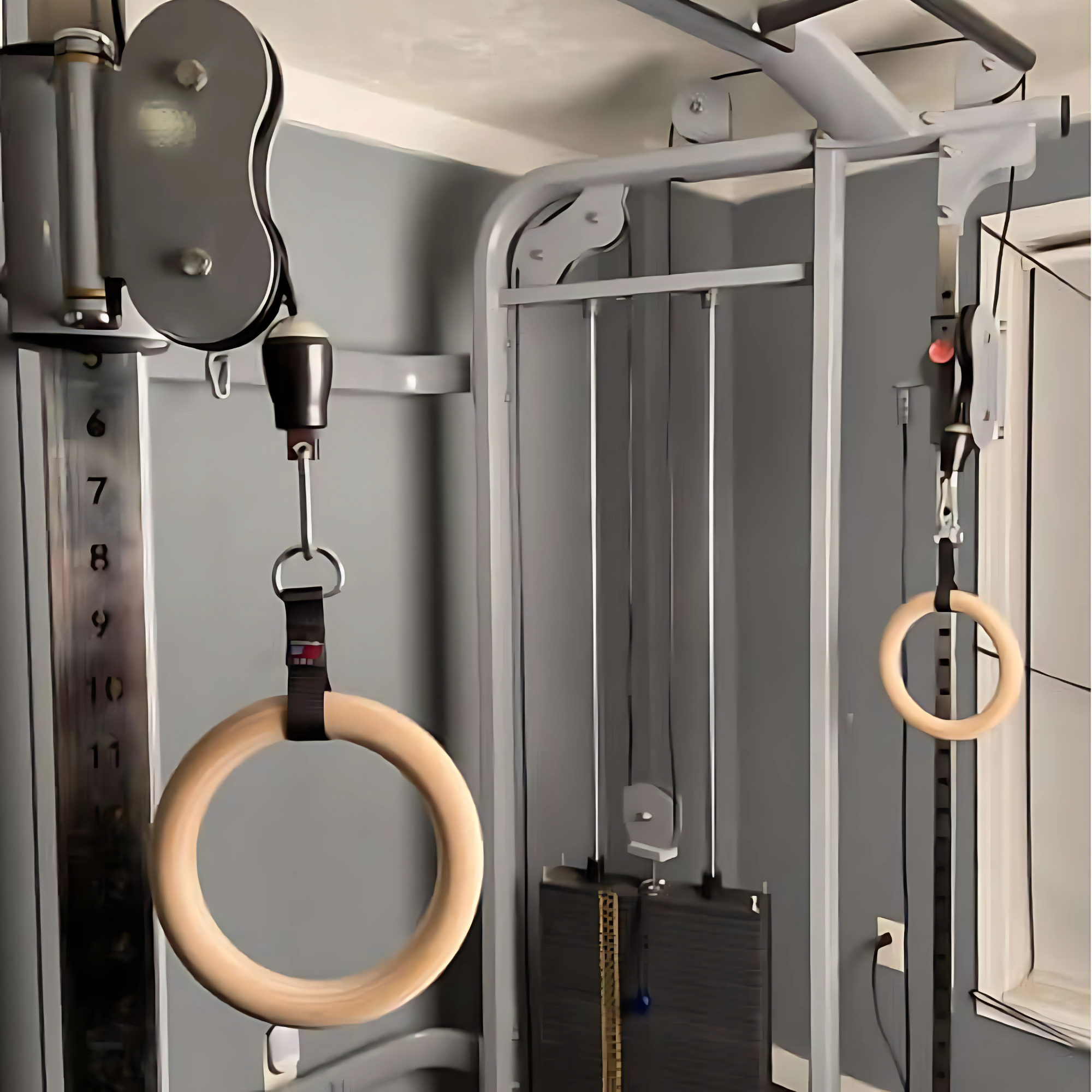 The PULL UP BAR WORKOUT 'Extreme pack' by LPGmuscle is shown attached to a home gym machine with weights, set against gray walls.