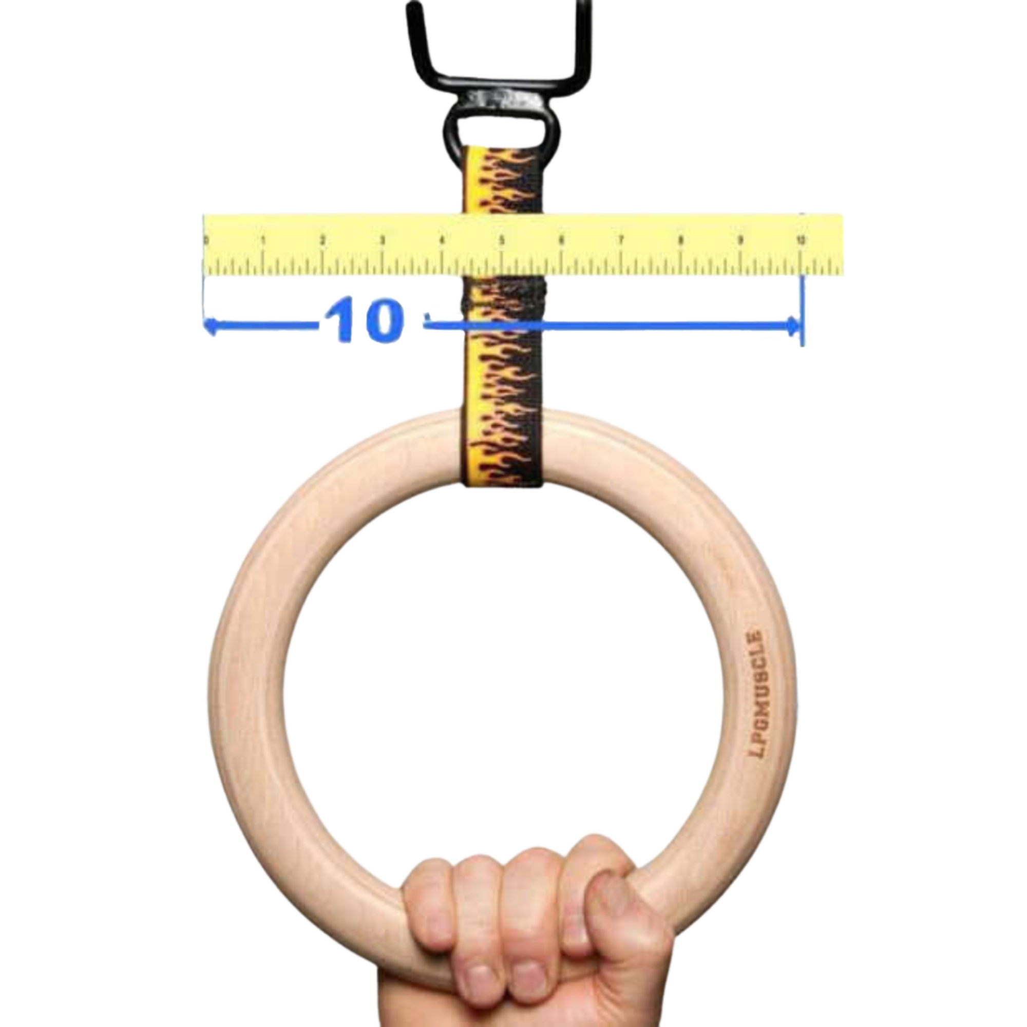 A hand grips a wooden gym ring on a commercial grade strap (10-inch width), perfect for use with Freestyle Pullup Handles or any pull up bar—like the PULL UP BAR WORKOUT 'Extreme pack' by LPGmuscle.