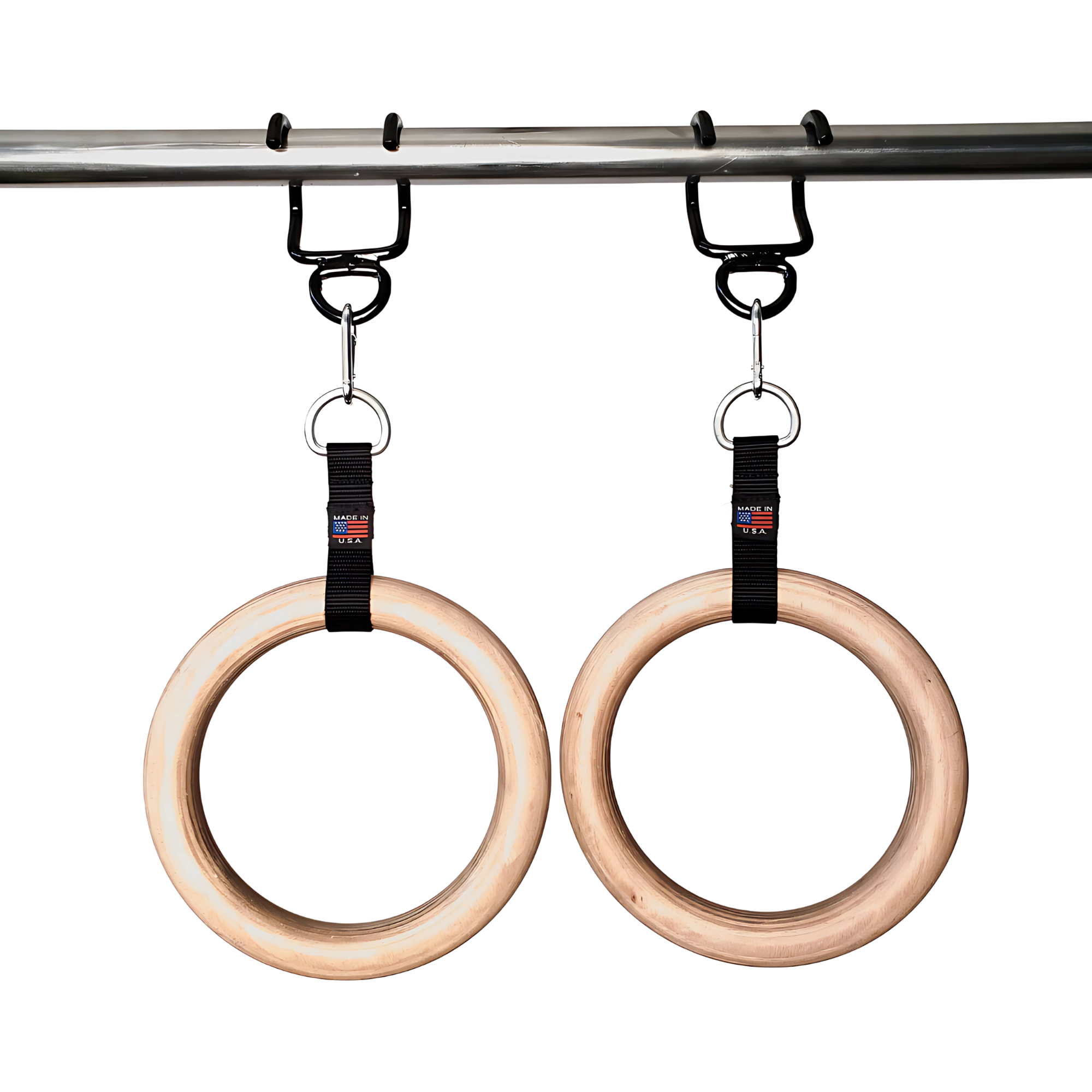 Two wooden gymnastic rings are suspended from the PULL UP BAR WORKOUT 'Extreme pack' by LPGmuscle, secured with black straps and metal clips.