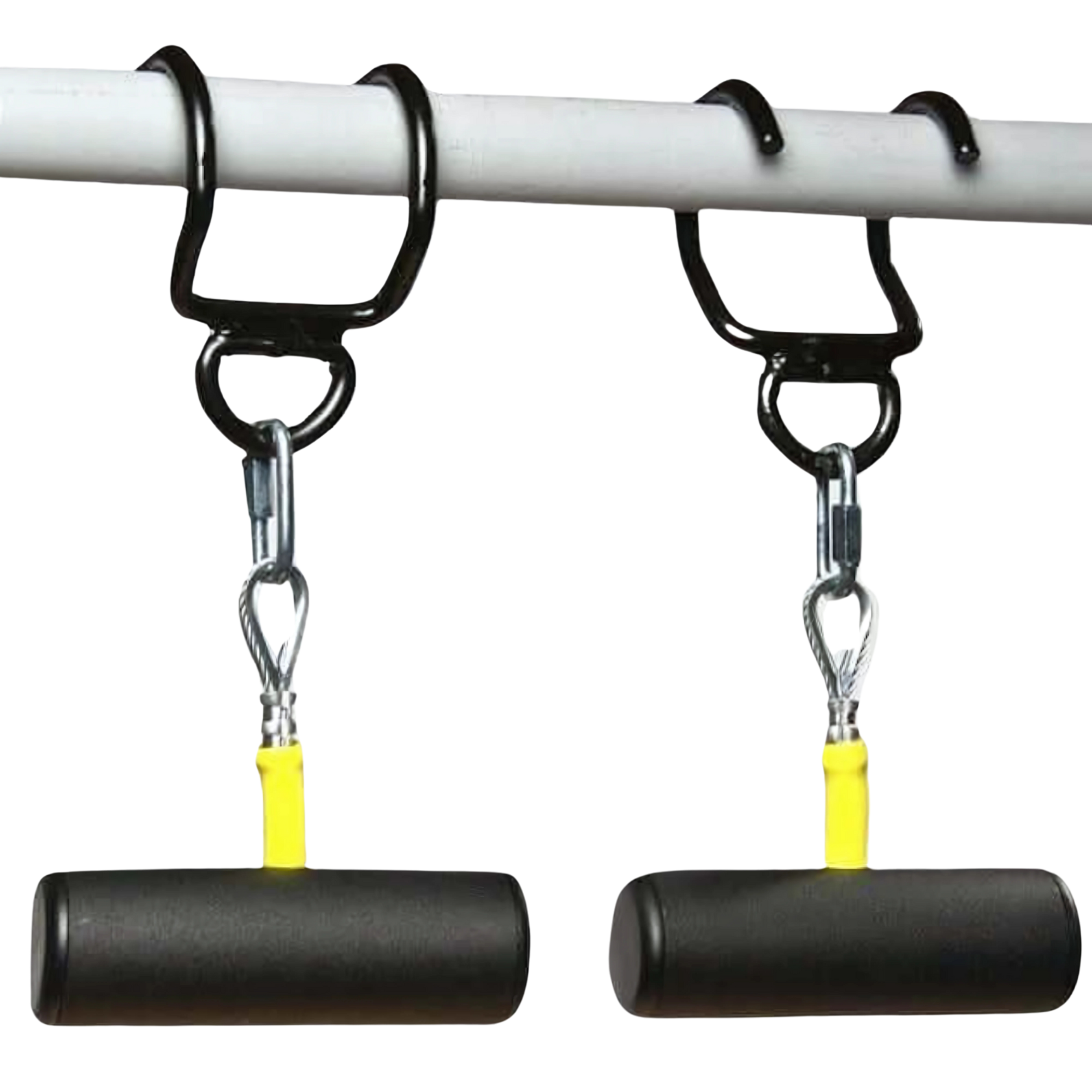 Two black and yellow Freestyle Pullup Handles hang from metal hooks on the PULL UP BAR WORKOUT 'Extreme pack' by LPGmuscle.