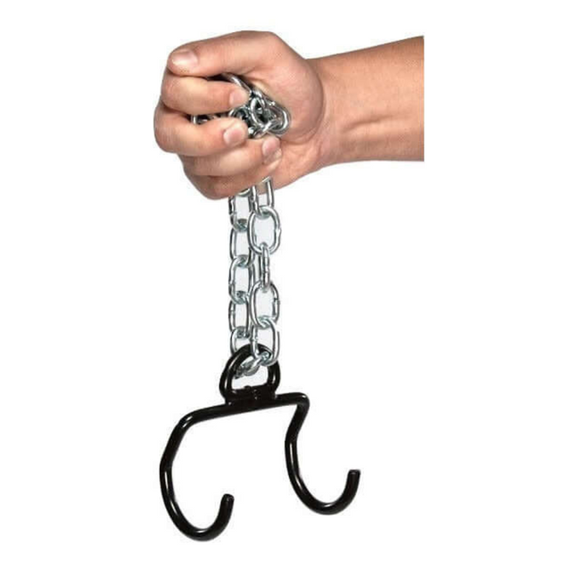 A hand grips a metal chain linked to a black hook, similar to the patented DIPPING BELT HOOK for Dip Belt with Chain, its two curved ends gleaming in the light.