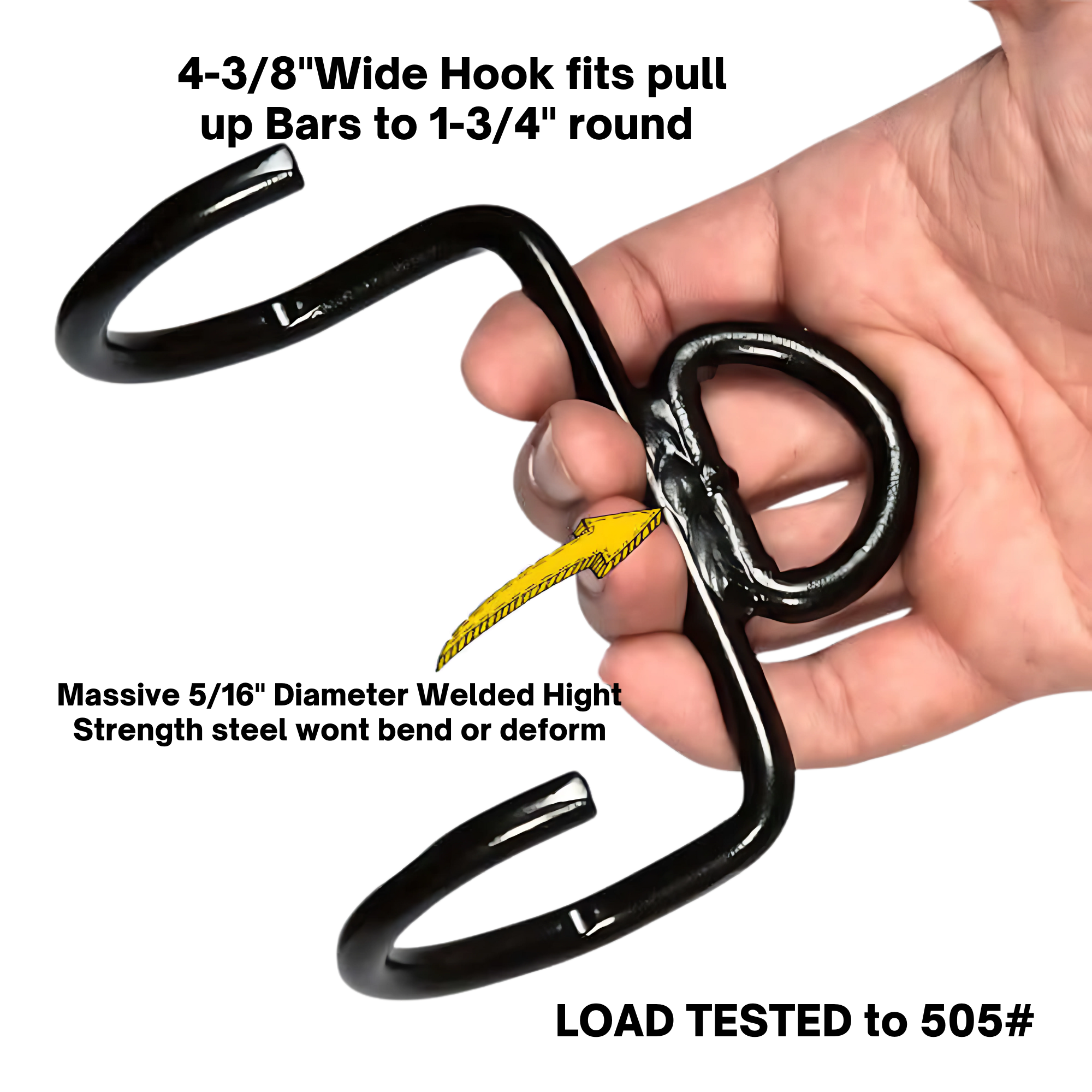A hand holds a black metal Patented DIPPING BELT HOOK for Dip Belt with Chain, featuring interlocking hooks and a yellow key trapped inside.