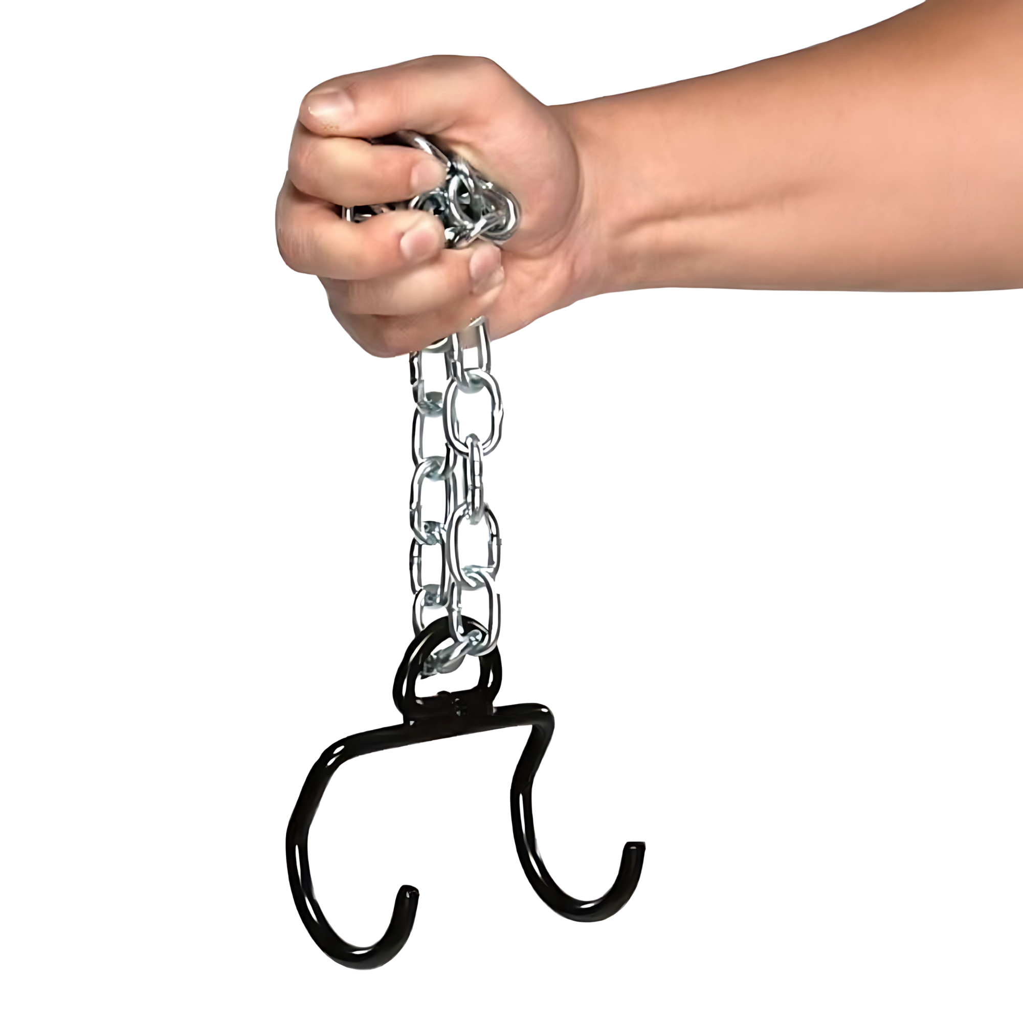 A hand holds the Patented DIPPING BELT HOOK for Dip Belt with Chain, featuring a sturdy metal chain and double hook design perfect for weighted dips.