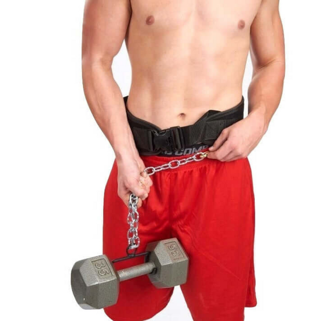 A person in red shorts uses the patented DIPPING BELT HOOK for a dip belt with chain to secure a dumbbell during intense exercises.