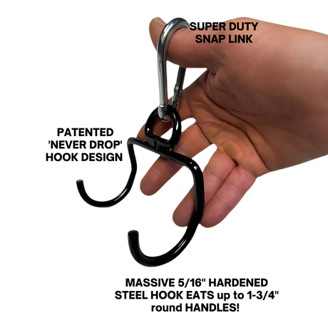 A hand holds the Patented DIPPING BELT HOOK for Dip Belt with Chain, featuring a Never Drop double-hook black hanger for secure attachment to your weighted dip belt.