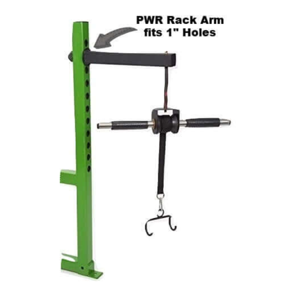 The Power Rack Mounting Arm GRIP FREAK Wrist Rollers plus! features a green welded steel rack and an adjustable PWR arm for 1" holes, boasting a suspended barbell on a counterweight system and integrating GRIP FREAK technology for enhanced performance.