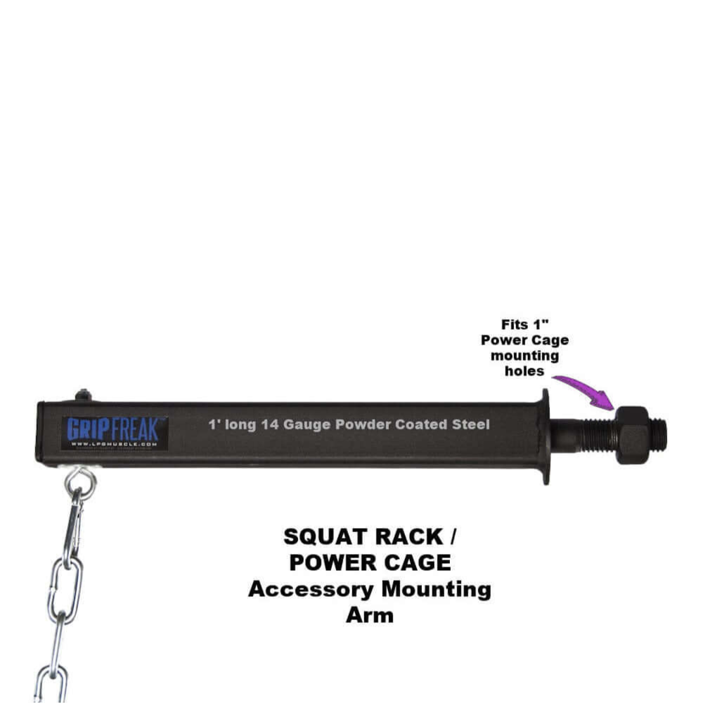 Black, welded steel Power Rack Mounting Arm for squat rack or power cage, labeled "GRIP FREAK Wrist Rollers plus!" with chain.