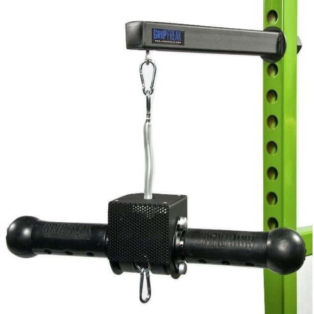 Introducing the Power Rack Mounting Arm GRIP FREAK Wrist Rollers plus!: a grip training device with black handles on a sturdy welded steel frame, hanging from a green power rack arm.