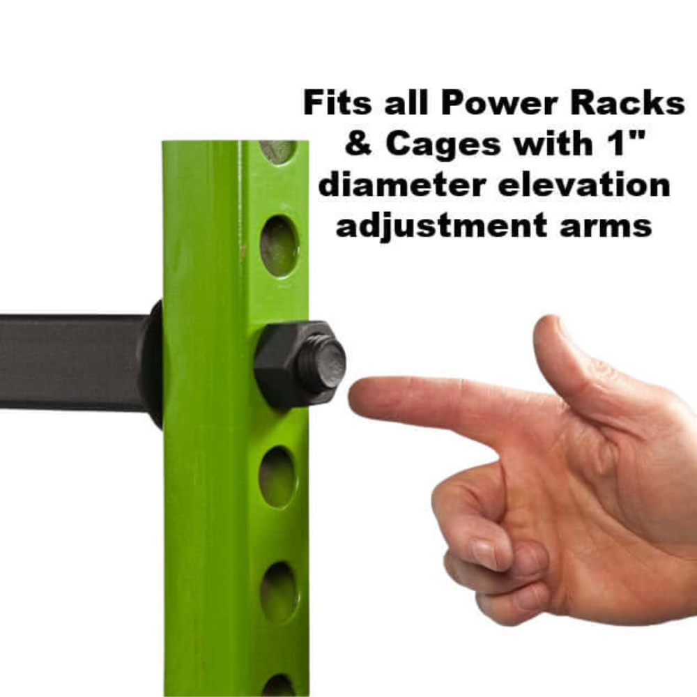 A finger points at a bolt on the green power rack, highlighting the Power Rack Mounting Arm GRIP FREAK Wrist Rollers plus! adjustment. Its sturdy welded steel design ensures durability and flexibility for your workouts.