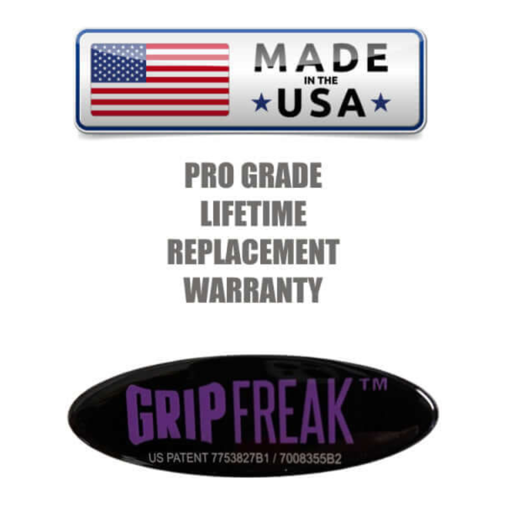 The American flag label on the Power Rack Mounting Arm GRIP FREAK Wrist Rollers plus! reads "Made in the USA," with text like "Pro Grade Lifetime Replacement Warranty" and a signature "Grip Freak." Crafted from welded steel, it promises durability as robust as its construction.