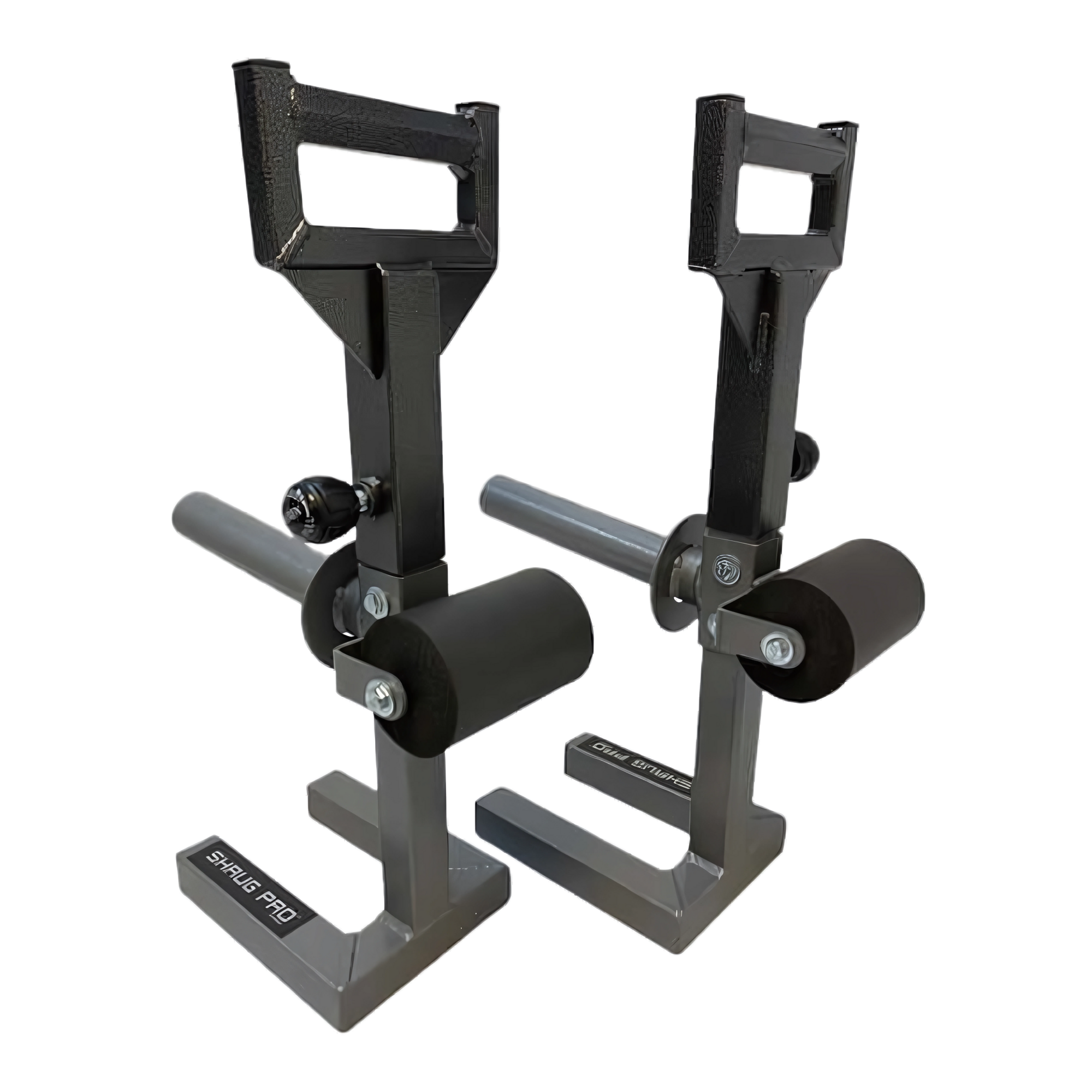 The SHRUG PRO Freestanding Hex Bars Trap Bar Barbell Shrug Alternative—without rollers—is a pair of black and gray adjustable squat racks with handle grips, perfect for use with a trap or hex bar, isolated on white.