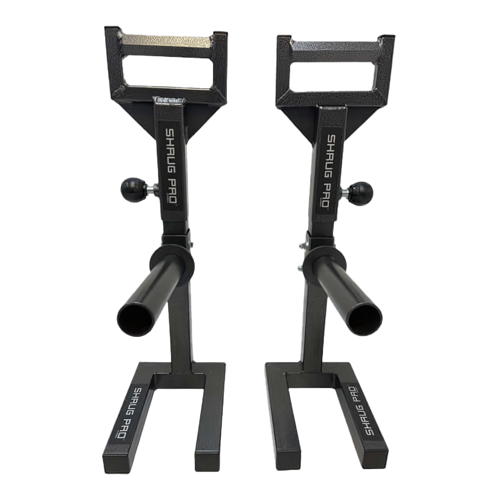 Pair of SHRUG PRO Freestanding Hex Bars, a barbell shrug alternative without rollers, in black metal with sturdy bases and patented freestanding design, featuring adjustable handles and shown side by side.