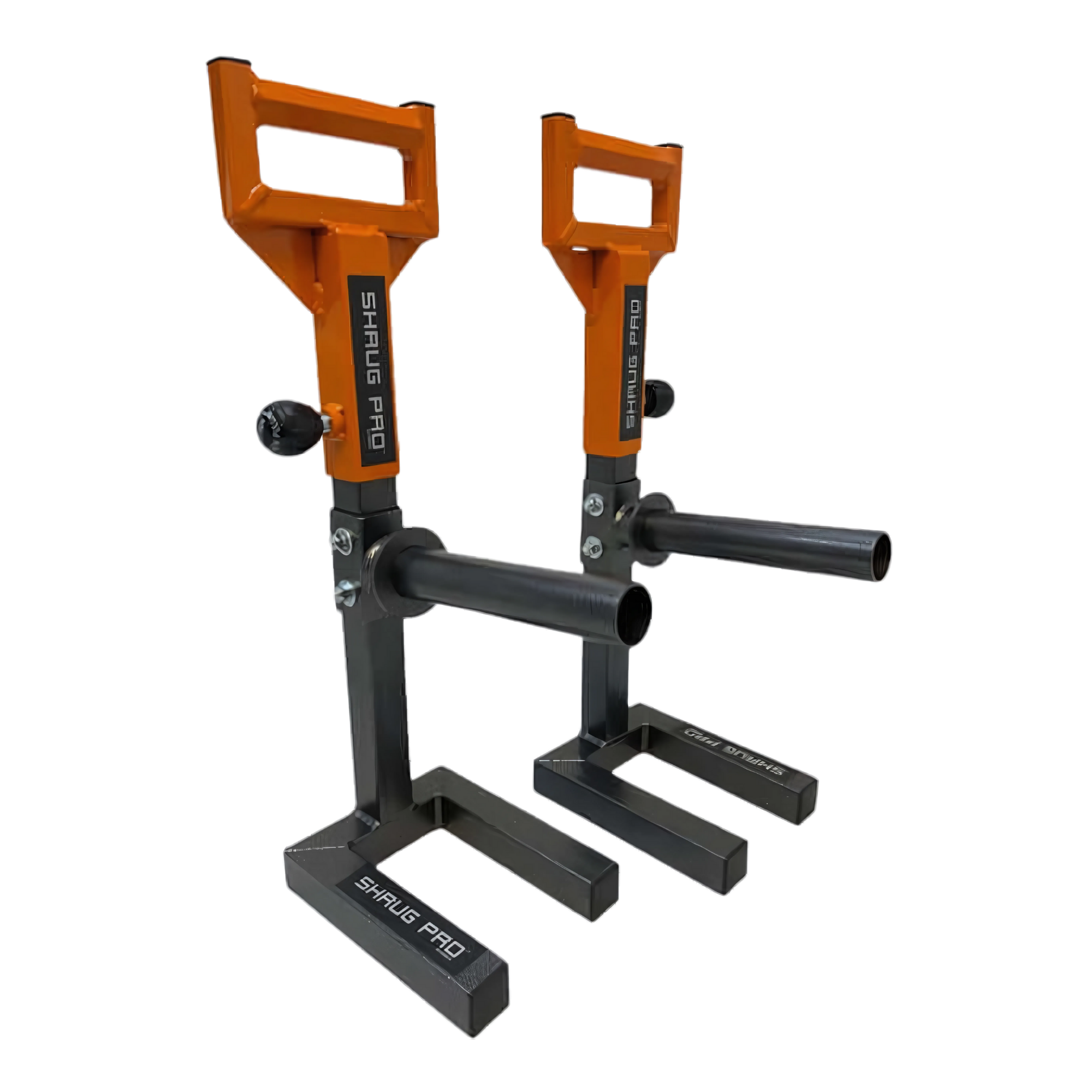 Two black and orange SHRUG PRO Freestanding Hex Bars, a trap bar barbell shrug alternative without rollers, featuring patented metal foot bases and adjustable handles, isolated on a white background.