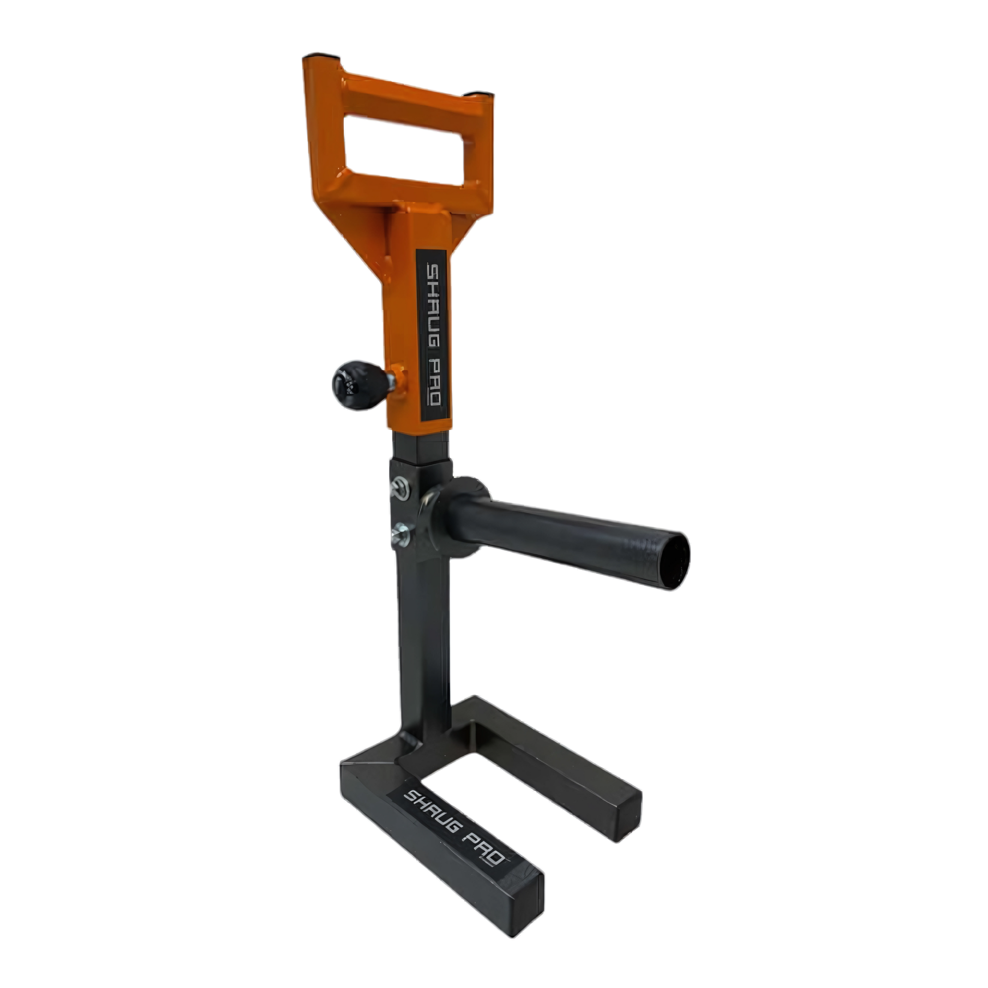 The SHRUG PRO Freestanding Hex Bars Trap Bar Barbell Shrug Alternative - Without Rollers is black and orange gym equipment with adjustable handles and a weight holder, inspired by the classic hex bar trap design.