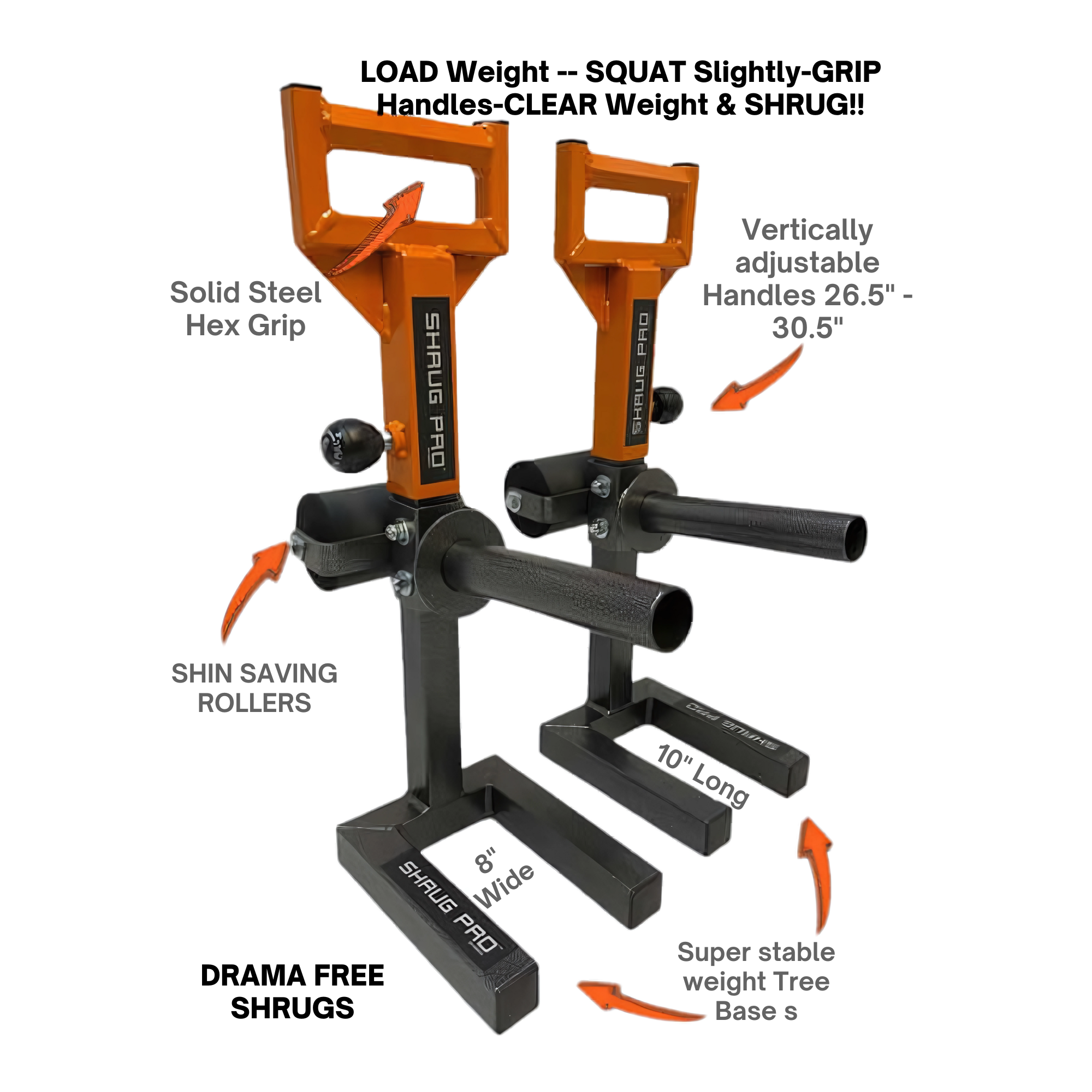The SHRUG PRO Freestanding Hex Bars are metal weightlifting stands with orange handles, labeled features, and adjustable parts—perfect for Olympic Weight Plates or as a Freestanding Shrug Platform alternative. No rollers included.