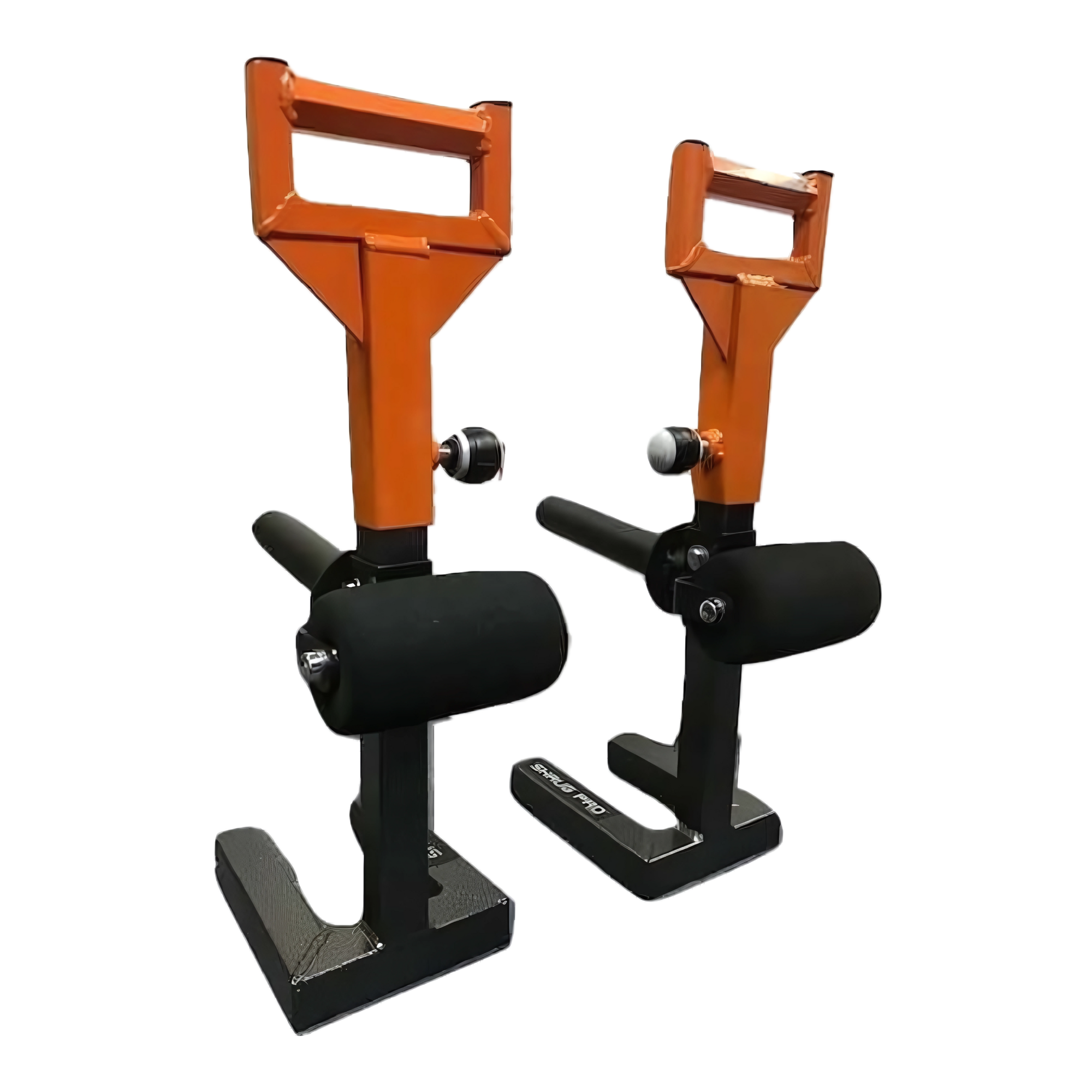 Two orange and black SHRUG PRO Freestanding Hex Bars offer sturdy bases and patented freestanding designs as a trap barbell shrug alternative for versatile gym workouts—without rollers.