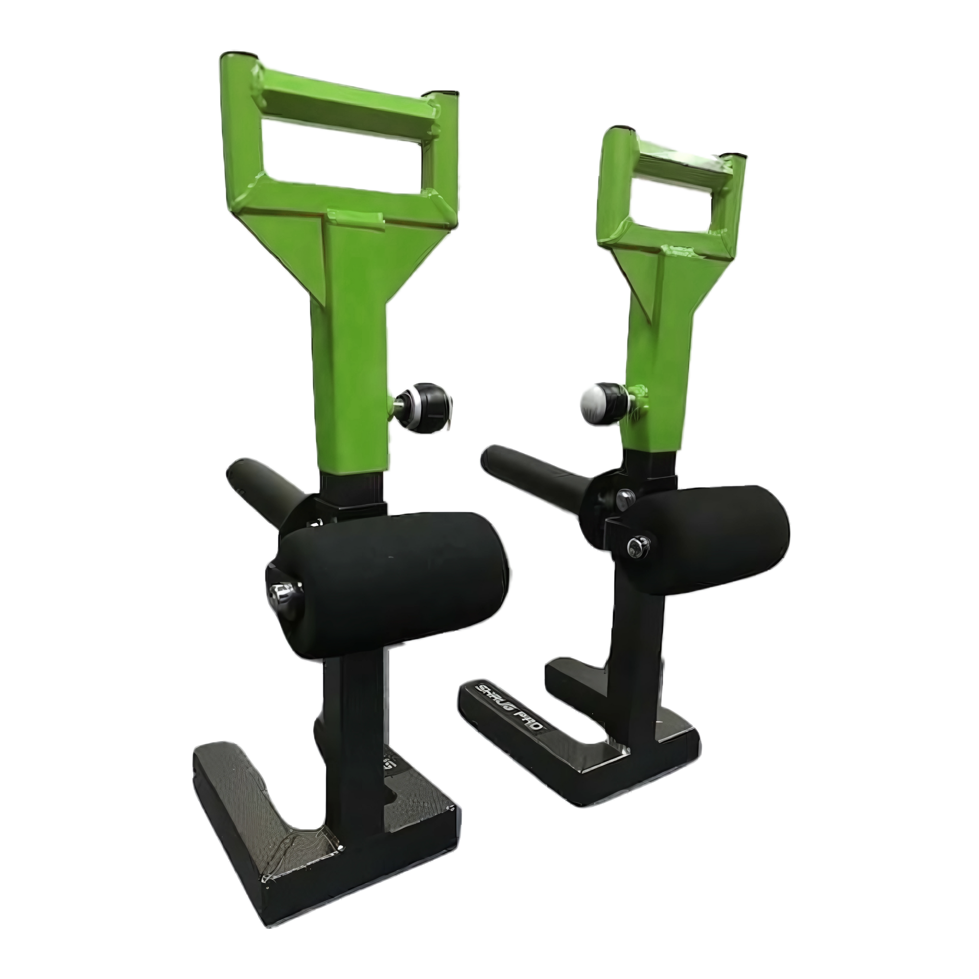 Two green and black SHRUG PRO Freestanding Hex Bars serve as a barbell shrug alternative without rollers, featuring sturdy bases, ideal for use with a trap bar or on a freestanding shrug platform.