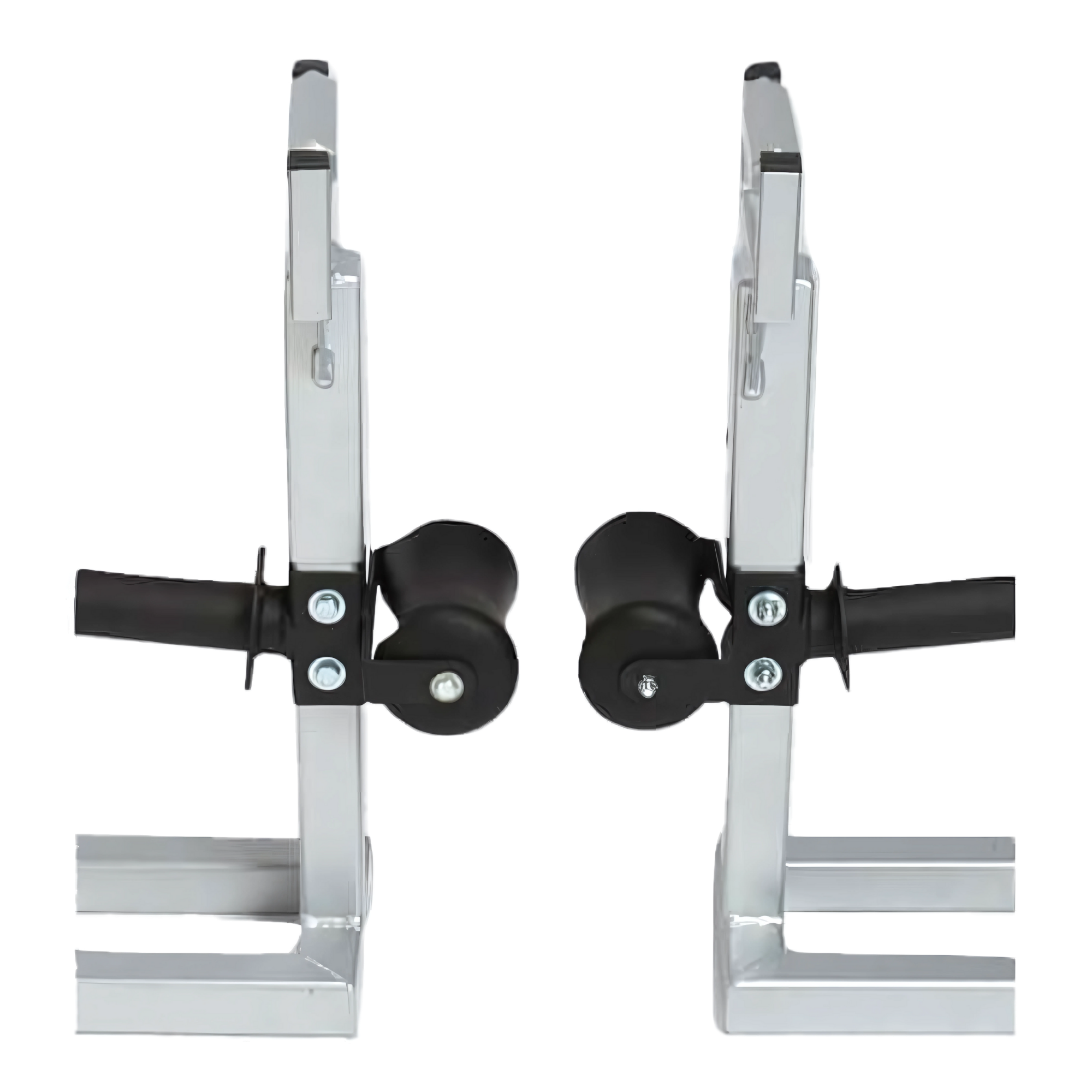 Two SHRUG PRO Freestanding Hex Bars (Trap Bar Barbell Shrug Alternative) without rollers, with adjustable handles, are positioned facing each other on a white background.